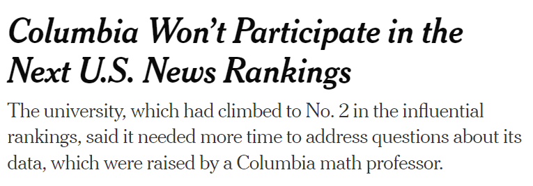 Columbia  近日，哥伦比亚大学官宣将不参与2023年US News全美大学排名！在美国大学申请中占据一定分量的US News榜单，在哥伦比亚大学数学教授质疑其在有影响力排名中排名第二