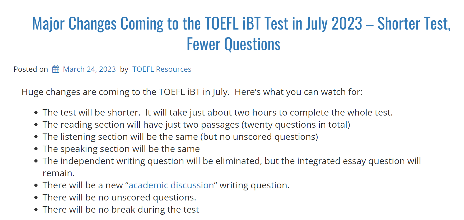 重磅消息！TOEFL iBT考试7月或将迎来重大变革--考试时间更短，题目更少